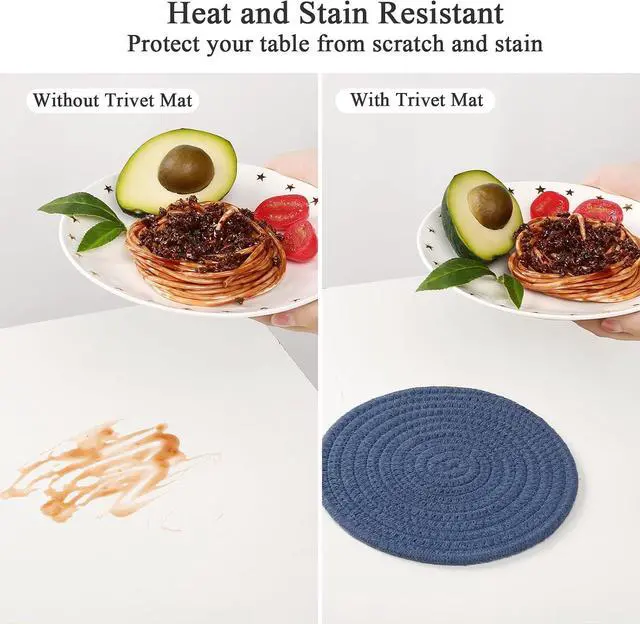 Alt view image 2 of 7 - SHACOS 8 Inch Trivets for Hot Dishes, 4 Pcs Cotton Trivets Mats | Hot Pads for Kitchen Countertops and Table, Heat-Resistant Pot Holders for Hot Pots and Pans(Blue+Dark Grey)