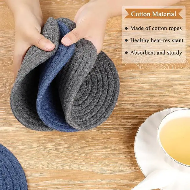 Alt view image 4 of 7 - SHACOS 8 Inch Trivets for Hot Dishes, 4 Pcs Cotton Trivets Mats | Hot Pads for Kitchen Countertops and Table, Heat-Resistant Pot Holders for Hot Pots and Pans(Blue+Dark Grey)