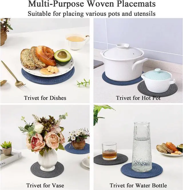 Alt view image 7 of 7 - SHACOS 8 Inch Trivets for Hot Dishes, 4 Pcs Cotton Trivets Mats | Hot Pads for Kitchen Countertops and Table, Heat-Resistant Pot Holders for Hot Pots and Pans(Blue+Dark Grey)