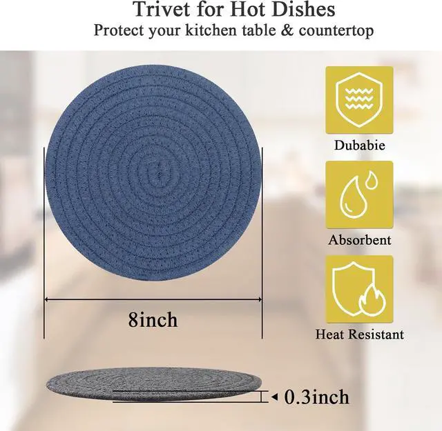 Alt view image 3 of 7 - SHACOS 8 Inch Trivets for Hot Dishes, 4 Pcs Cotton Trivets Mats | Hot Pads for Kitchen Countertops and Table, Heat-Resistant Pot Holders for Hot Pots and Pans(Blue+Dark Grey)