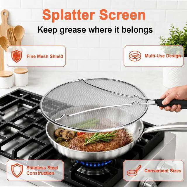 Alt view image 2 of 7 - Splatter Screen for Frying Pan 13 Inch - Stainless Steel Grease Splatter Guard - Oil Splash Guard & Fine Mesh Cover for Cooking Bacon, Fried Chicken & Popcorn