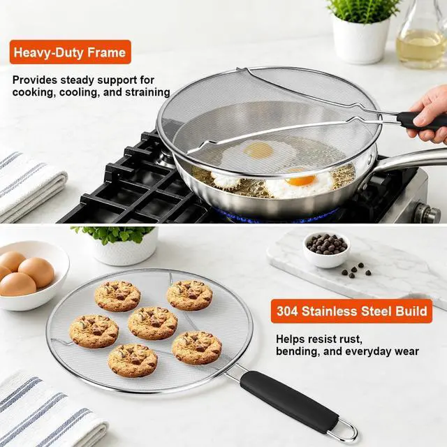 Alt view image 6 of 7 - Splatter Screen for Frying Pan 13 Inch - Stainless Steel Grease Splatter Guard - Oil Splash Guard & Fine Mesh Cover for Cooking Bacon, Fried Chicken & Popcorn