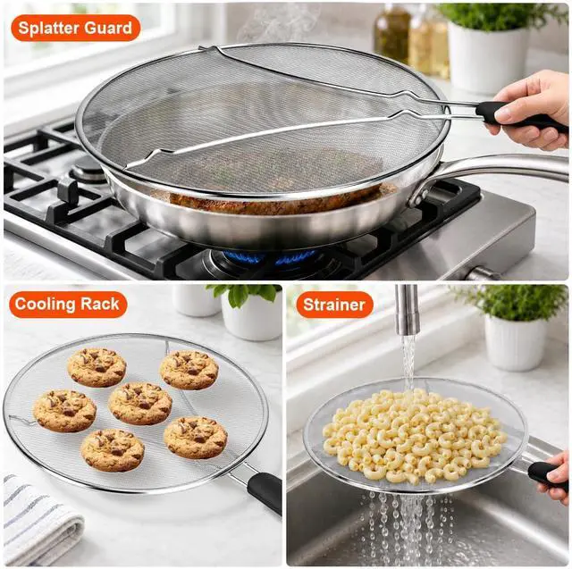 Alt view image 4 of 7 - Splatter Screen for Frying Pan 13 Inch - Stainless Steel Grease Splatter Guard - Oil Splash Guard & Fine Mesh Cover for Cooking Bacon, Fried Chicken & Popcorn