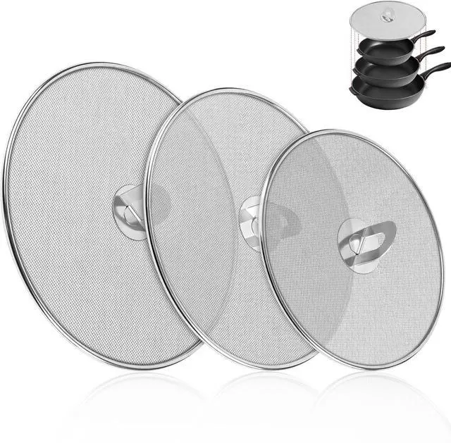 Main image of 3-Pack Splatter Screens for Frying Pan - 10", 11.5", 13" Stainless Steel Grease Splatter Guard with Foldable Knob, Ultra-Fine Mesh, Rust-Free - No Oil Mess, No Burns, Ultra Fine Mesh