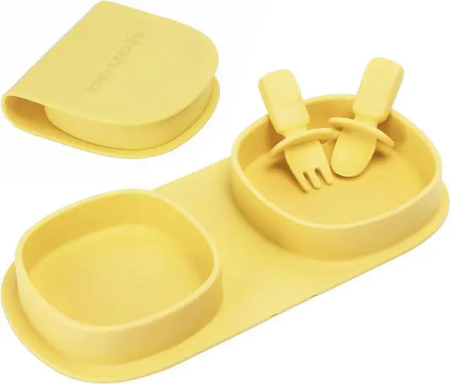 Main image of Silicone Baby Foldable Dinner Plates with Forks and Spoons, Lemon | yahaa Novelty Plates Baby Travel Essential, Toddler Plates Set, Microwave & Dishwasher Safe
