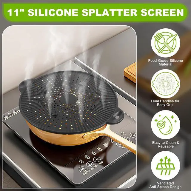 Alt view image 3 of 7 - Silicone Splatter Screen for Frying Pan - 11 Inch Heat-Resistant Silicone Grease Splatter Guard, Multi-Use Oil Splash Guard for Kitchen Cooking Pan Cover, Dishwasher Safe