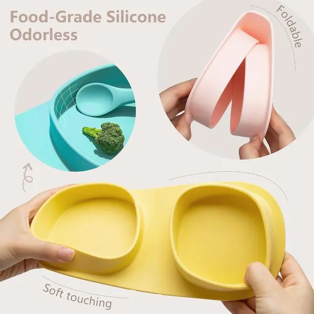 Alt view image 6 of 6 - Silicone Baby Foldable Dinner Plates with Forks and Spoons, Lemon | yahaa Novelty Plates Baby Travel Essential, Toddler Plates Set, Microwave & Dishwasher Safe