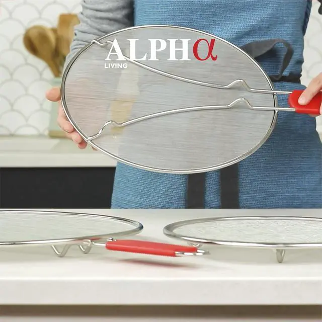 Alt view image 3 of 6 - ALPHA LIVING 13" Splatter Guard for Frying Pan & Food Strainer and Universal Cookware- Stops Hot Oil Splash - Splatter Screen for Cooking - Red
