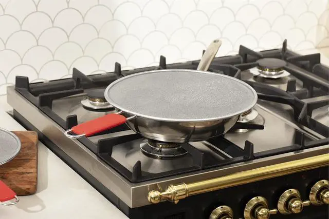 Alt view image 6 of 6 - ALPHA LIVING 13" Splatter Guard for Frying Pan & Food Strainer and Universal Cookware- Stops Hot Oil Splash - Splatter Screen for Cooking - Red