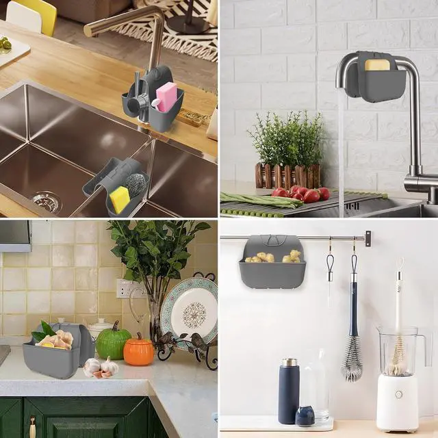 Alt view image 6 of 7 - Sponge Holder for Kitchen Sink, Silicone Sink Saddle Caddy Organizer Rack, Sponges Holder Over Faucet, Hanging Kitchen Organizer Accessories Rack Basket Dark Gray