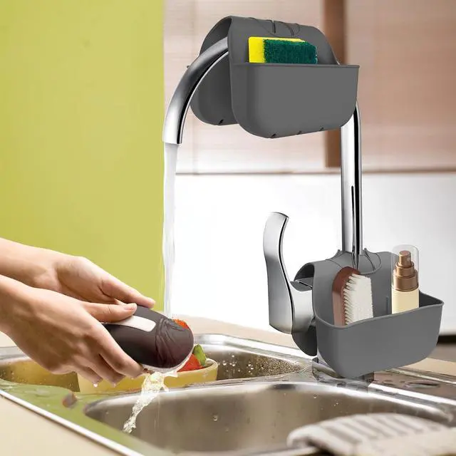 Alt view image 7 of 7 - Sponge Holder for Kitchen Sink, Silicone Sink Saddle Caddy Organizer Rack, Sponges Holder Over Faucet, Hanging Kitchen Organizer Accessories Rack Basket Dark Gray