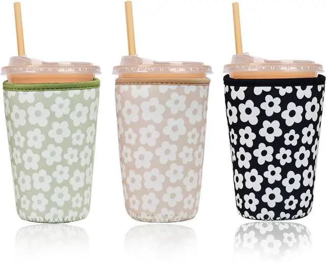 Main image of Haevola 3 Pieces Reusable Insulated Neoprene Iced Coffee Cup Sleeve, Durable Drink Sleeve for Cold Beverages, Beverage Holder for Iced Coffee, 22-24 oz Medium (Floral Trio)
