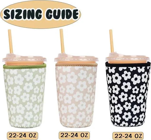 Alt view image 5 of 7 - Haevola 3 Pieces Reusable Insulated Neoprene Iced Coffee Cup Sleeve, Durable Drink Sleeve for Cold Beverages, Beverage Holder for Iced Coffee, 22-24 oz Medium (Floral Trio)