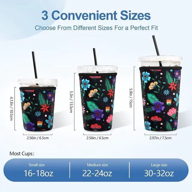 Alt view image 2 of 6 - FOREGOER Reusable Neoprene Iced Coffee Sleeve, 3 Pack Insulated Coffee Koozie Cup Sleeve for Cold Drinks, Compatible with Starbucks Dunkin Donuts (Big Flower Pattern)