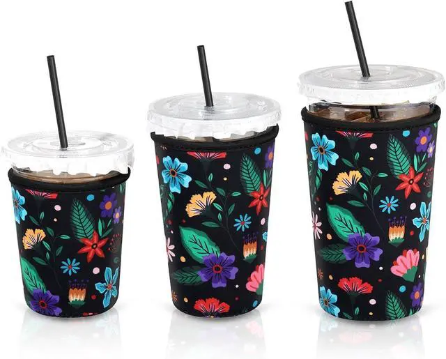 Main image of FOREGOER Reusable Neoprene Iced Coffee Sleeve, 3 Pack Insulated Coffee Koozie Cup Sleeve for Cold Drinks, Compatible with Starbucks Dunkin Donuts (Big Flower Pattern)