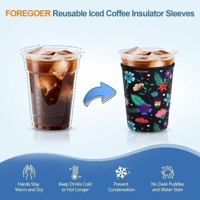 Alt view image 4 of 6 - FOREGOER Reusable Neoprene Iced Coffee Sleeve, 3 Pack Insulated Coffee Koozie Cup Sleeve for Cold Drinks, Compatible with Starbucks Dunkin Donuts (Big Flower Pattern)