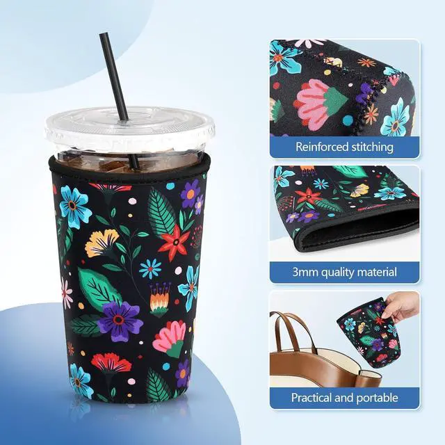 Alt view image 5 of 6 - FOREGOER Reusable Neoprene Iced Coffee Sleeve, 3 Pack Insulated Coffee Koozie Cup Sleeve for Cold Drinks, Compatible with Starbucks Dunkin Donuts (Big Flower Pattern)