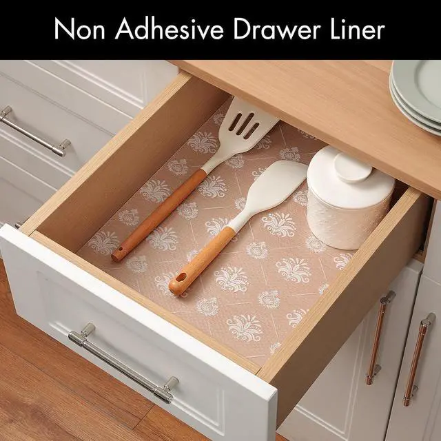 Alt view image 3 of 7 - Cooyes Shelf and Drawer Liners for Kitchen Cabinets, Non-Adhesive Cabinet Liners, EVA Waterproof Durable Shelf Paper for Refrigerator, Shelves, Cupboard with European Pattern, Easy to Cut