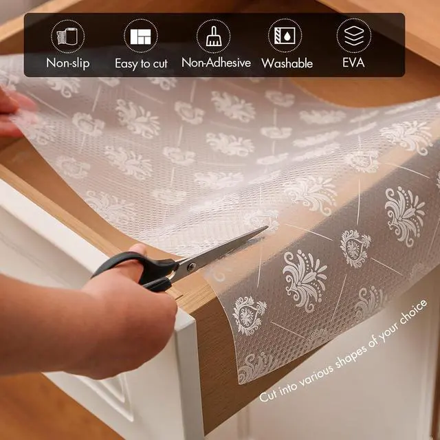 Alt view image 5 of 7 - Cooyes Shelf and Drawer Liners for Kitchen Cabinets, Non-Adhesive Cabinet Liners, EVA Waterproof Durable Shelf Paper for Refrigerator, Shelves, Cupboard with European Pattern, Easy to Cut