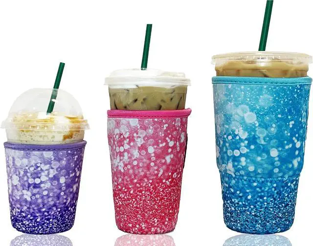 Main image of Baxendale Iced Coffee Sleeves for Cold Drink Cups - 3 Pack Reusable Neoprene Iced Coffee Cup Sleeve for Cold Drinks, Compatible with Starbucks Dunkin and more (3 PK S/M/L, Glitter Mix #1)