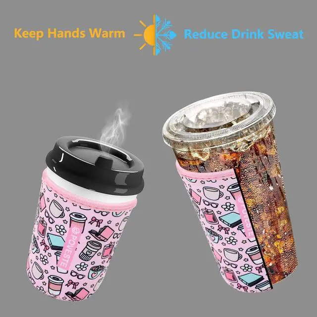 Alt view image 3 of 7 - Reusable Neoprene Insulator Sleeve for Iced Coffee & Cold Soda, Coffee Sleeves for Iced & Hot Drinks, Cold Beverage Cooler Compatible with Starbucks, Dunkin (Coffee Break, Medium: 22-24oz)