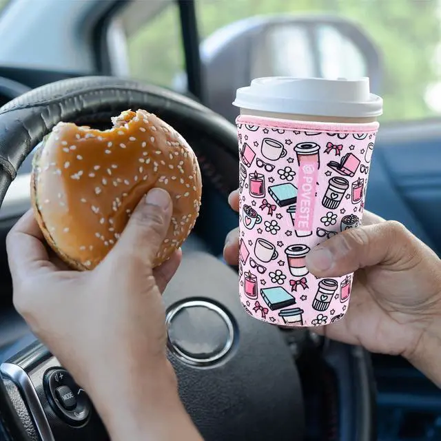 Alt view image 5 of 7 - Reusable Neoprene Insulator Sleeve for Iced Coffee & Cold Soda, Coffee Sleeves for Iced & Hot Drinks, Cold Beverage Cooler Compatible with Starbucks, Dunkin (Coffee Break, Medium: 22-24oz)