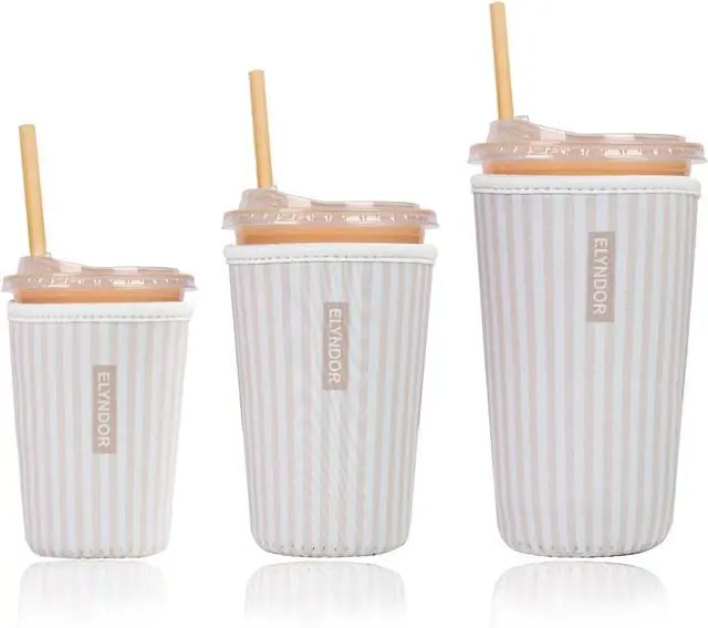 Main image of Reusable Insulated Sleeve for Iced Coffee Cup, 3-Pack Coffee Neoprene Drink Sleeve for Cold & Hot Drinks, Beverage Holder for Iced Coffee (Cream Stripes)