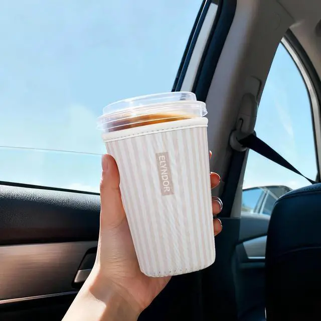 Alt view image 3 of 7 - Reusable Insulated Sleeve for Iced Coffee Cup, 3-Pack Coffee Neoprene Drink Sleeve for Cold & Hot Drinks, Beverage Holder for Iced Coffee (Cream Stripes)