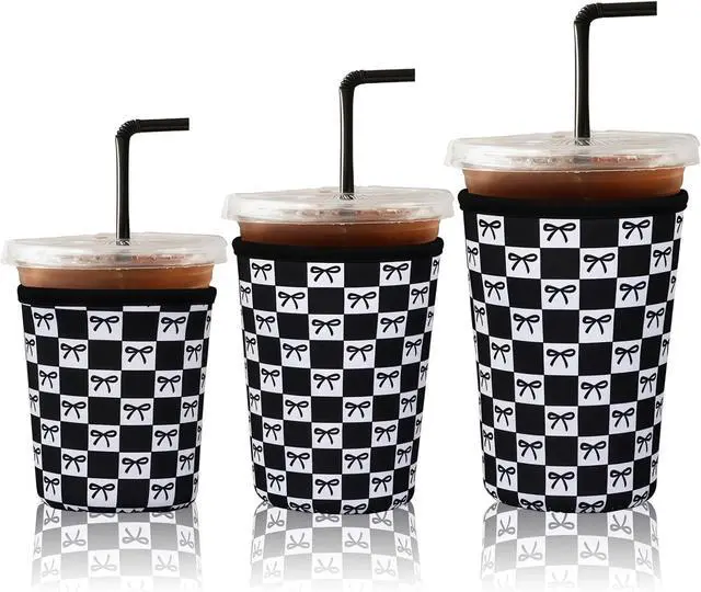 Main image of Reusable Ice Coffee Cup Sleeves for Cold Drink 16-32oz(Black Checked Bow) | Insulated Neoprene Sleeve for Iced Coffee Cups, Beverage Holder Drink Sleeves for 16/18/22/24/32oz