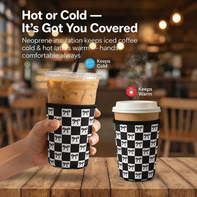 Alt view image 2 of 7 - Reusable Ice Coffee Cup Sleeves for Cold Drink 16-32oz(Black Checked Bow) | Insulated Neoprene Sleeve for Iced Coffee Cups, Beverage Holder Drink Sleeves for 16/18/22/24/32oz