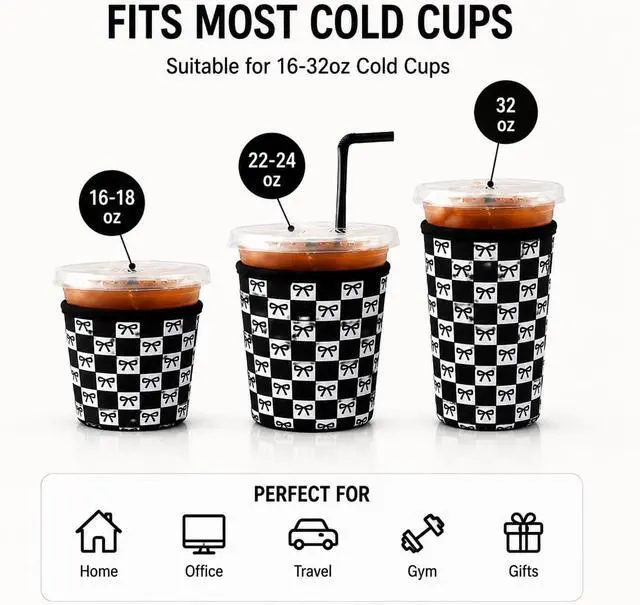 Alt view image 3 of 7 - Reusable Ice Coffee Cup Sleeves for Cold Drink 16-32oz(Black Checked Bow) | Insulated Neoprene Sleeve for Iced Coffee Cups, Beverage Holder Drink Sleeves for 16/18/22/24/32oz
