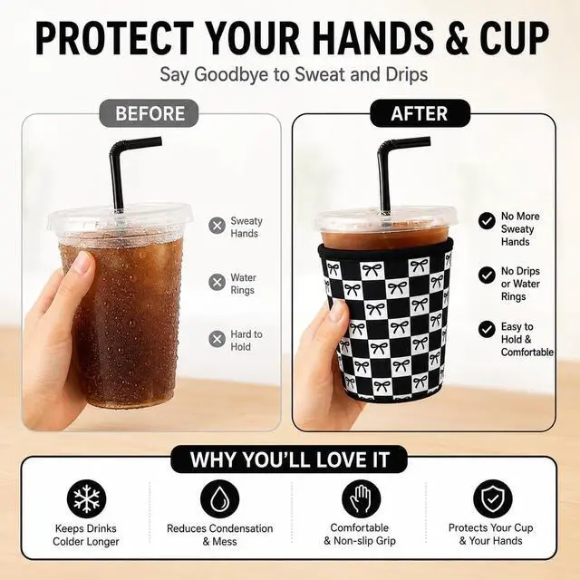 Alt view image 5 of 7 - Reusable Ice Coffee Cup Sleeves for Cold Drink 16-32oz(Black Checked Bow) | Insulated Neoprene Sleeve for Iced Coffee Cups, Beverage Holder Drink Sleeves for 16/18/22/24/32oz