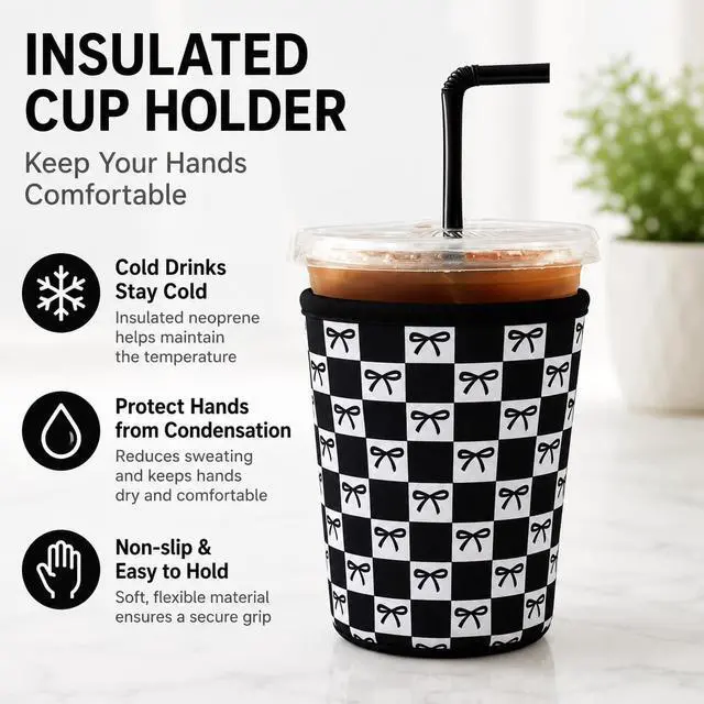 Alt view image 4 of 7 - Reusable Ice Coffee Cup Sleeves for Cold Drink 16-32oz(Black Checked Bow) | Insulated Neoprene Sleeve for Iced Coffee Cups, Beverage Holder Drink Sleeves for 16/18/22/24/32oz