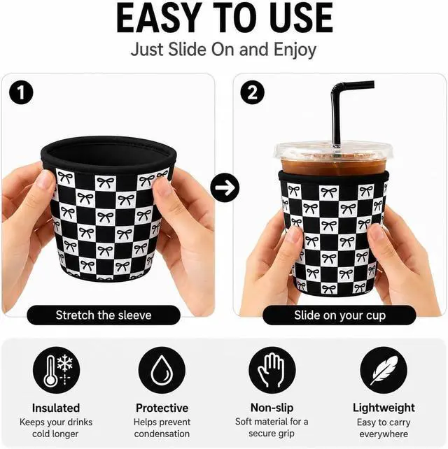 Alt view image 7 of 7 - Reusable Ice Coffee Cup Sleeves for Cold Drink 16-32oz(Black Checked Bow) | Insulated Neoprene Sleeve for Iced Coffee Cups, Beverage Holder Drink Sleeves for 16/18/22/24/32oz