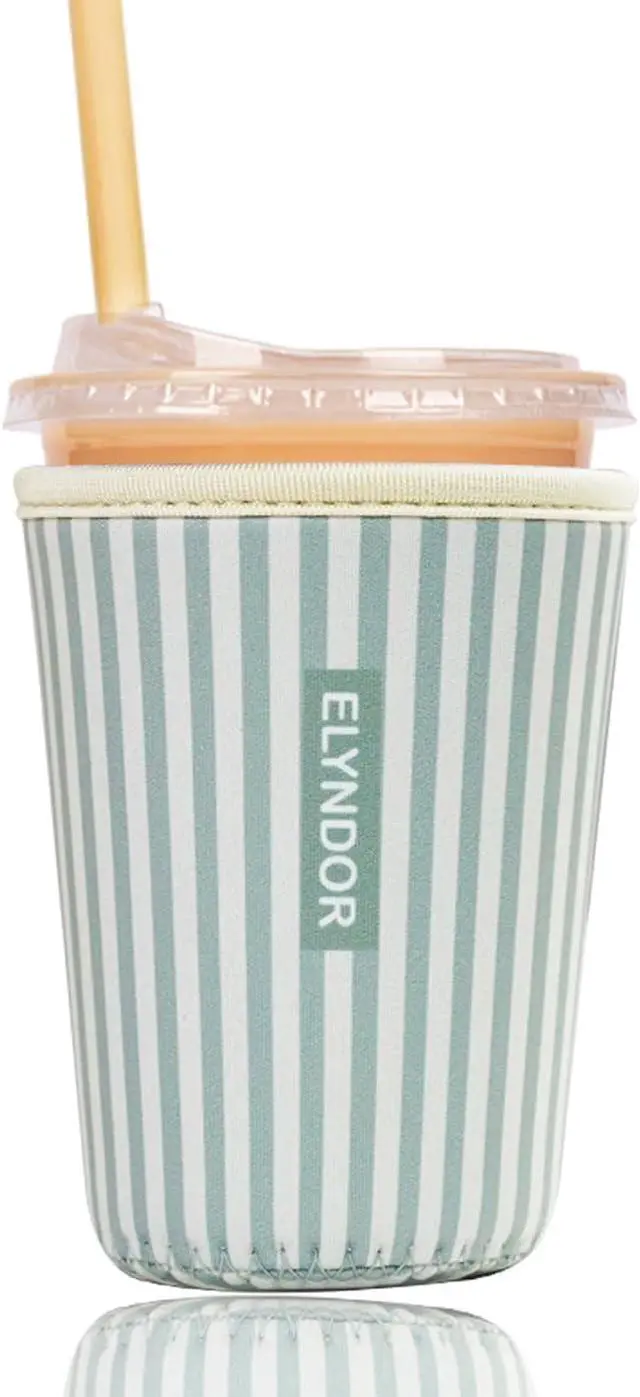 Main image of Reusable Insulated Sleeve for Iced Coffee Cup, Coffee Neoprene Sleeve for Cold & Hot Drinks, Beverage Holder for Iced Coffee (Green Stripes, Small: 16-18oz)
