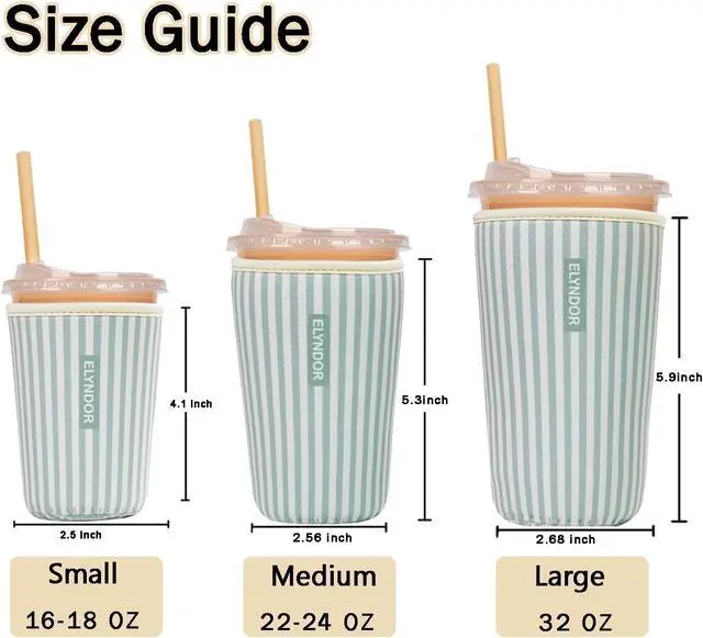 Alt view image 5 of 7 - Reusable Insulated Sleeve for Iced Coffee Cup, Coffee Neoprene Sleeve for Cold & Hot Drinks, Beverage Holder for Iced Coffee (Green Stripes, Small: 16-18oz)