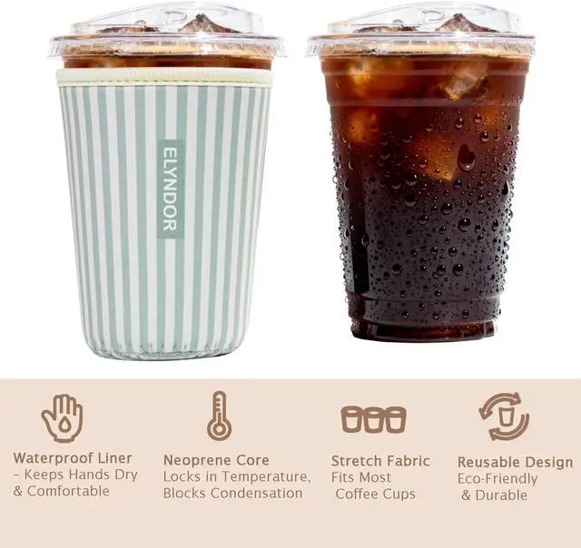 Alt view image 6 of 7 - Reusable Insulated Sleeve for Iced Coffee Cup, Coffee Neoprene Sleeve for Cold & Hot Drinks, Beverage Holder for Iced Coffee (Green Stripes, Small: 16-18oz)