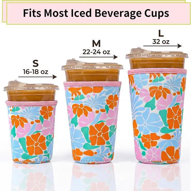 Alt view image 2 of 7 - Reusable Neoprene Iced Coffee Sleeve 3-Pack, 16-32 Oz, Matisse Floral | 3 Sizes; Insulated Neoprene Helps Reduce Condensation; Reusable, Washable, Foldable; Fits Cold Cups From Starbucks And More
