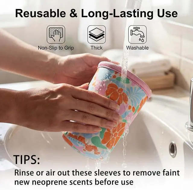 Alt view image 5 of 7 - Reusable Neoprene Iced Coffee Sleeve 3-Pack, 16-32 Oz, Matisse Floral | 3 Sizes; Insulated Neoprene Helps Reduce Condensation; Reusable, Washable, Foldable; Fits Cold Cups From Starbucks And More