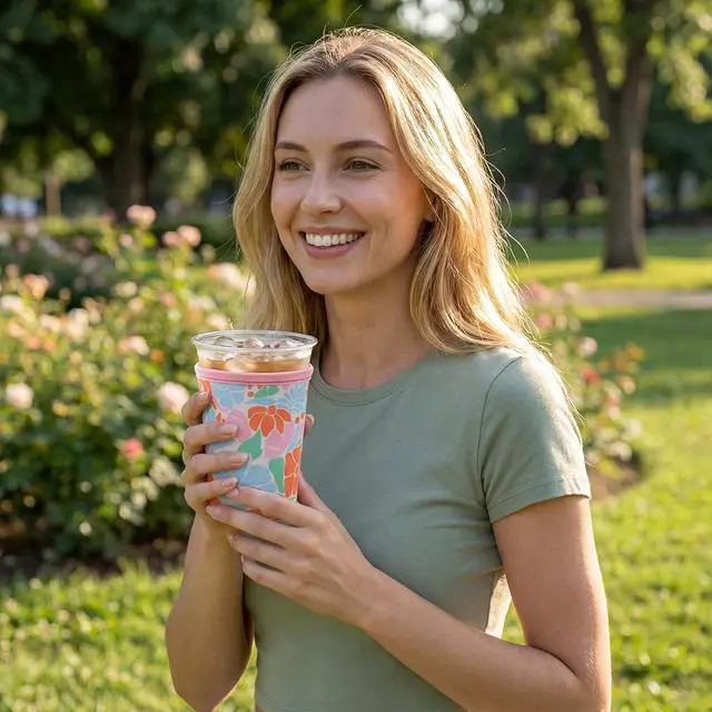 Alt view image 7 of 7 - Reusable Neoprene Iced Coffee Sleeve 3-Pack, 16-32 Oz, Matisse Floral | 3 Sizes; Insulated Neoprene Helps Reduce Condensation; Reusable, Washable, Foldable; Fits Cold Cups From Starbucks And More