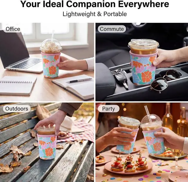 Alt view image 6 of 7 - Reusable Neoprene Iced Coffee Sleeve 3-Pack, 16-32 Oz, Matisse Floral | 3 Sizes; Insulated Neoprene Helps Reduce Condensation; Reusable, Washable, Foldable; Fits Cold Cups From Starbucks And More