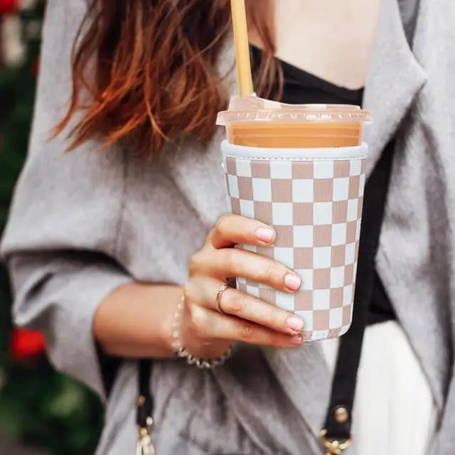 Alt view image 2 of 7 - Reusable Insulated Neoprene Iced Coffee Cup Sleeve, Durable Drink Sleeve for Cold Beverages, Beverage Holder for Iced Coffee, Classic Checker