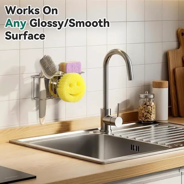 Alt view image 5 of 7 - 3-IN-1 Multiuse Sponge Holder for Kitchen Sink, Sponge Caddy for Scrub Daddy/Scrub Mommy Smiley Face, Sink Organizer Accessories for Dish Brush, Scrubber - with 2 Suction Cups & 1 Adhesive Hook