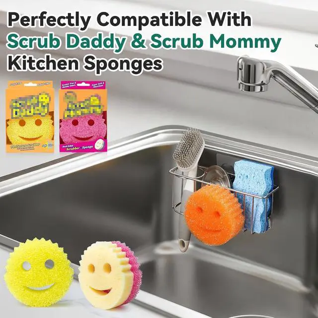 Alt view image 6 of 7 - 3-IN-1 Multiuse Sponge Holder for Kitchen Sink, Sponge Caddy for Scrub Daddy/Scrub Mommy Smiley Face, Sink Organizer Accessories for Dish Brush, Scrubber - with 2 Suction Cups & 1 Adhesive Hook