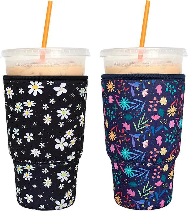 Main image of 2 Pack Reusable Iced Coffee Sleeves - FRRIOTN Insulator Sleeve for Large Size Cold Beverages, Neoprene Coffee Cup Holder (Flower, Large 32oz)