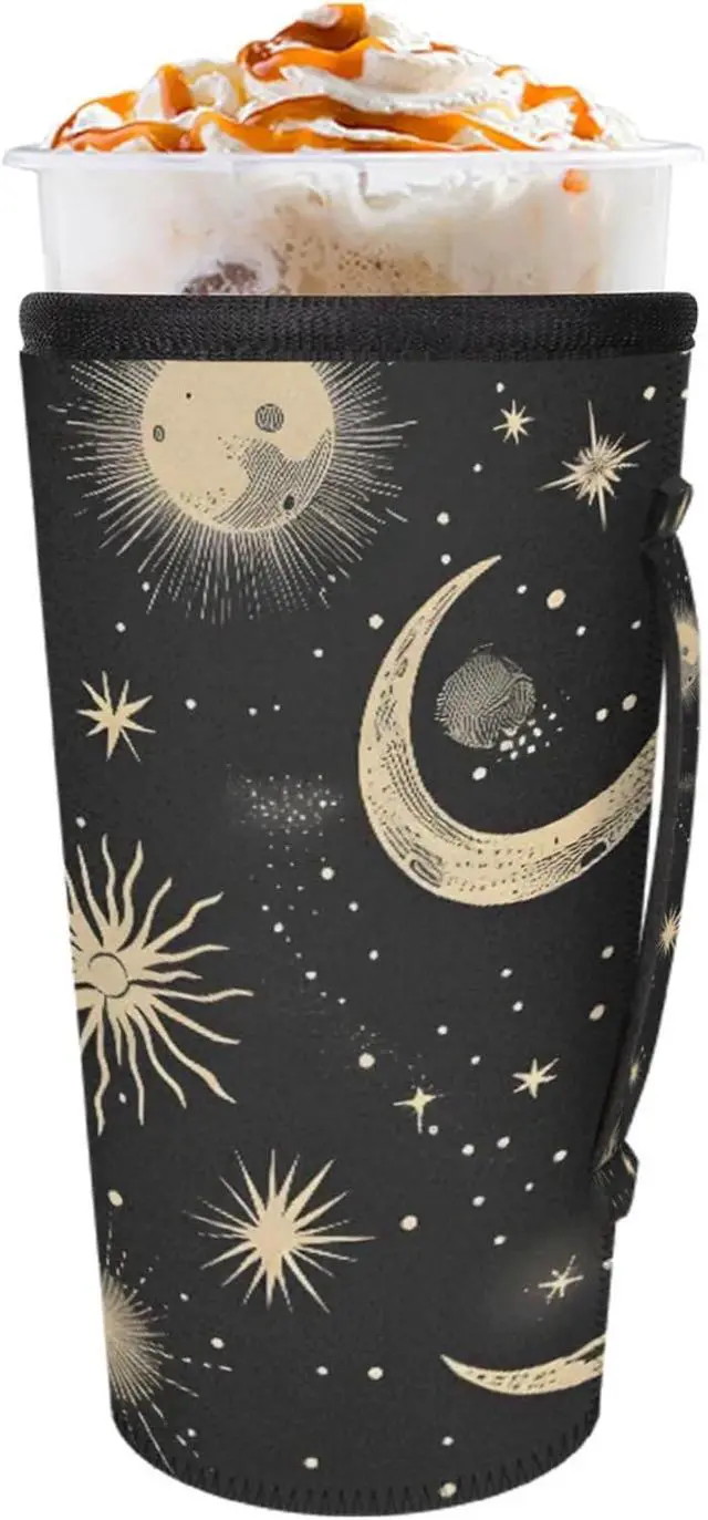 Alt view image 3 of 7 - Reusable Iced Coffee Sleeve with Handle, Moon & Stars Black Coffee Cup Sleeves for Cold Drinks, Neoprene Cup Sleeve Insulated Cooler, Cup Holder Prevents Condensation for Cars 24-28oz