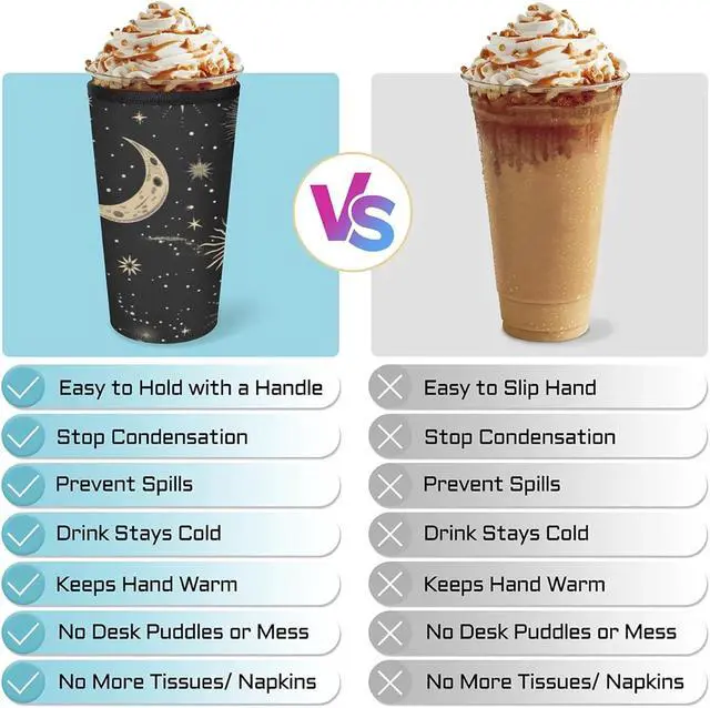 Alt view image 4 of 7 - Reusable Iced Coffee Sleeve with Handle, Moon & Stars Black Coffee Cup Sleeves for Cold Drinks, Neoprene Cup Sleeve Insulated Cooler, Cup Holder Prevents Condensation for Cars 24-28oz