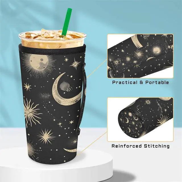 Alt view image 6 of 7 - Reusable Iced Coffee Sleeve with Handle, Moon & Stars Black Coffee Cup Sleeves for Cold Drinks, Neoprene Cup Sleeve Insulated Cooler, Cup Holder Prevents Condensation for Cars 24-28oz