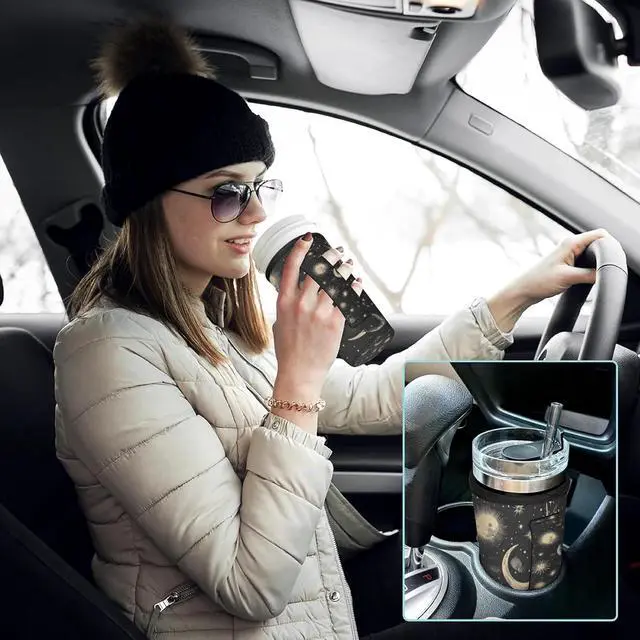 Alt view image 2 of 7 - Reusable Iced Coffee Sleeve with Handle, Moon & Stars Black Coffee Cup Sleeves for Cold Drinks, Neoprene Cup Sleeve Insulated Cooler, Cup Holder Prevents Condensation for Cars 24-28oz