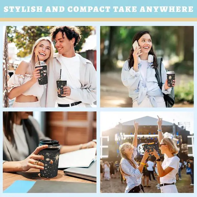Alt view image 7 of 7 - Reusable Iced Coffee Sleeve with Handle, Moon & Stars Black Coffee Cup Sleeves for Cold Drinks, Neoprene Cup Sleeve Insulated Cooler, Cup Holder Prevents Condensation for Cars 24-28oz